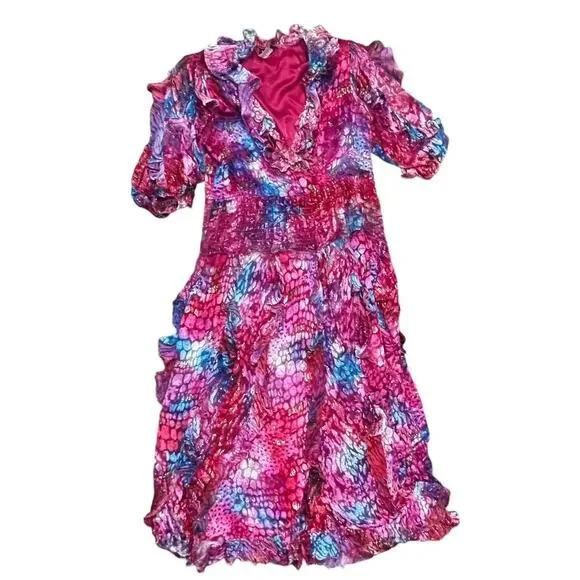 Diane Freis Georgette Colorful Dress Mermaid Silk Drop Waist Flowy Ruffles  Rare